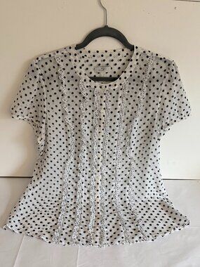 Loft White and Black Polka Dot Sheer Button-Front Ruffle Trim Blouse/Top Size 14